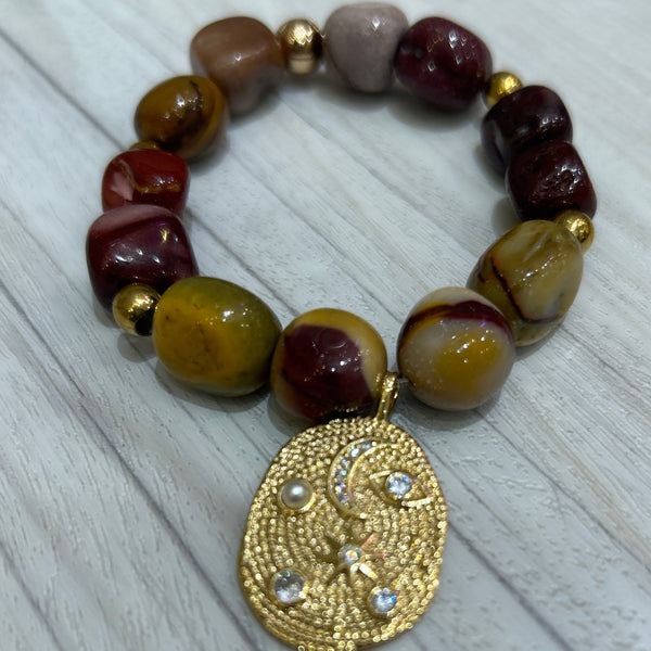 Mookaite Jasper Stretch Bracelet with Gold Moon and Stars Charm and Gemstone Accents